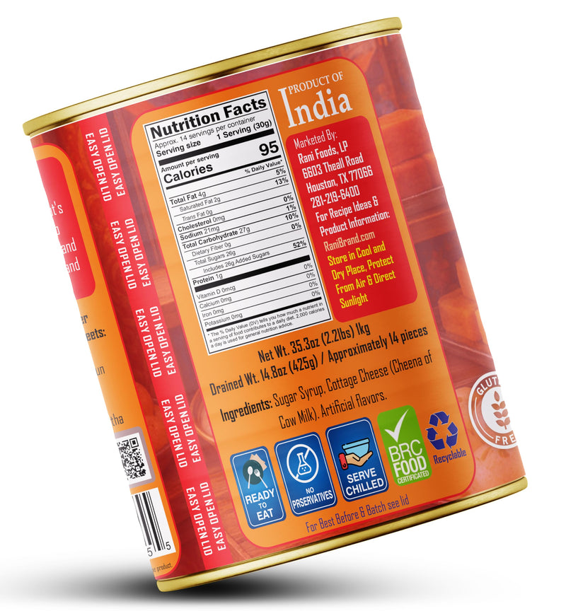 Rani Cham Cham (Oval-shaped Bengali Sweet) 35.3oz (2.2lbs) 1kg, Pack of 2, Approximately 14 pieces, Easy Open Lid ~ Ready to eat | Gluten Free | Non-GMO | Kosher | Indian Origin