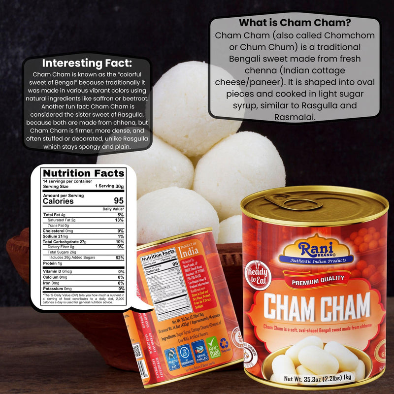 Rani Cham Cham (Oval-shaped Bengali Sweet) 35.3oz (2.2lbs) 1kg, Pack of 6, Approximately 14 pieces, Easy Open Lid ~ Ready to eat | Gluten Free | Non-GMO | Kosher | Indian Origin