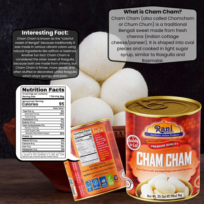 Rani Cham Cham (Oval-shaped Bengali Sweet) 35.3oz (2.2lbs) 1kg, Pack of 6, Approximately 14 pieces, Easy Open Lid ~ Ready to eat | Gluten Free | Non-GMO | Kosher | Indian Origin