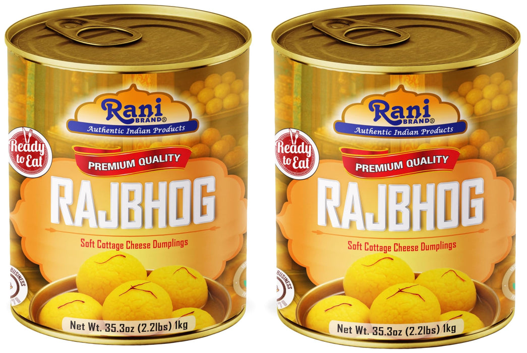 Rani Rajbhog (Soft Cottage Cheese Dumplings) 35.3oz (2.2lbs) 1kg, Pack of 2, Approximately 14 pieces, Easy Open Lid ~ Ready to eat | All Natural | Gluten Free | Non-GMO | Kosher | Indian Origin