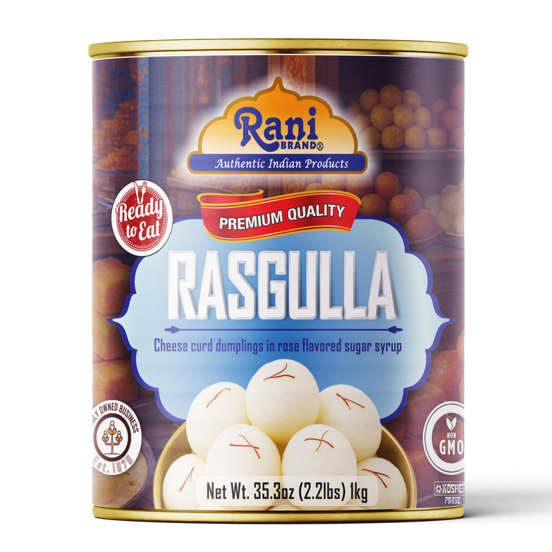 Rani Rasgulla (Cheese Curd Dumplings in Rose Flavor) 35.3oz (2.2lbs) 1kg, Pack of 6, Approximately 14 pieces, Easy Open Lid ~ Ready to eat | Gluten Friendly | Vegan | Non-GMO | Kosher | Indian Origin