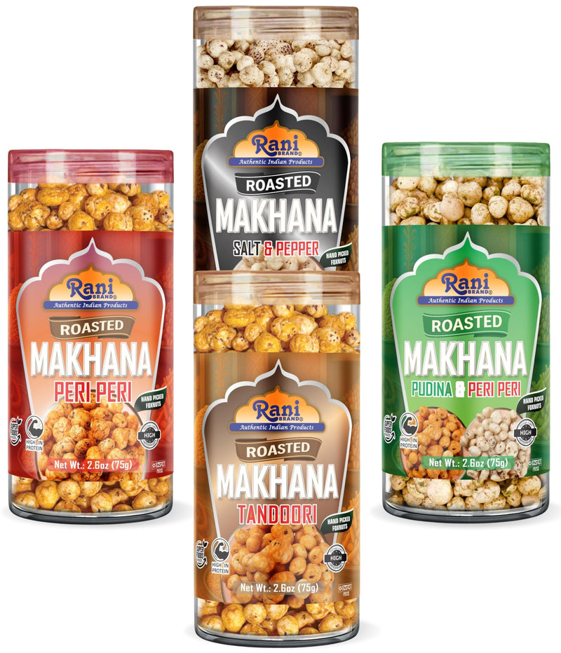 Rani 4 in 1 Combo Set of Roasted Makhana Salt & Pepper, Peri Peri, Tandoori, (2in1) Pudina & Peri-Peri, 2.6oz (75g), Pack of 4, Ready to eat ~ Vegan | Gluten Friendly | Kosher | Indian Origin