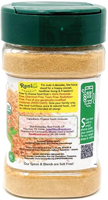 Rani Organic Granulated Garlic (Lahsun Granules) 3oz (85g) PET Jar ~ All Natural | Gluten Friendly | Vegan | NON-GMO | Kosher | No Salt or fillers | Product of USA | USDA Certified Organic