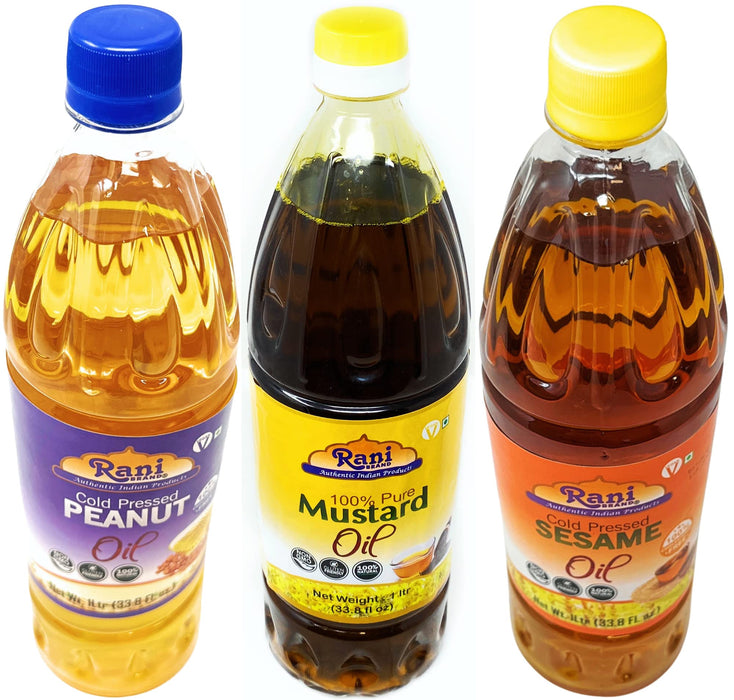 Rani Premium Oils Combo Set of 3 - Peanut Oil, Mustard Oil, Sesame Oil 33.8 Ounce (1 Liter) ~ Cold Pressed | 100% Natural | NON-GMO | Vegan