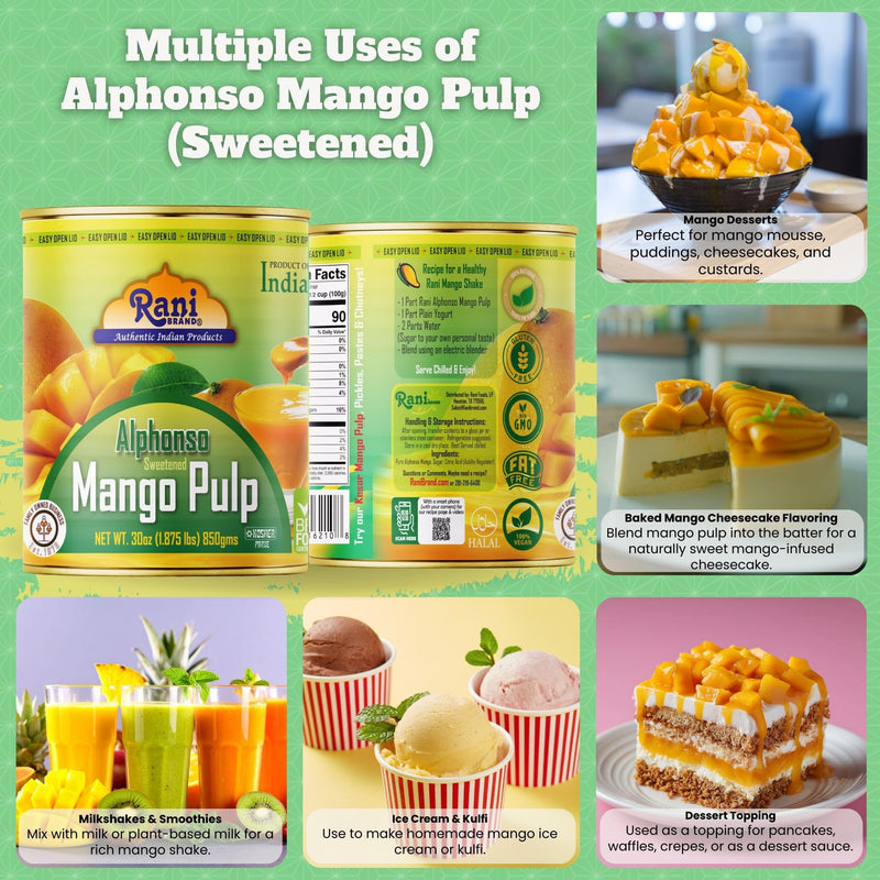 Rani Mango Pulp Puree (Makes Mango Lassi Shakes) Alphonso Sweetened 30oz (1.875lbs) 850g ~ Kosher | All Natural | NON-GMO | Vegan | No colors | Gluten Friendly | Indian Origin