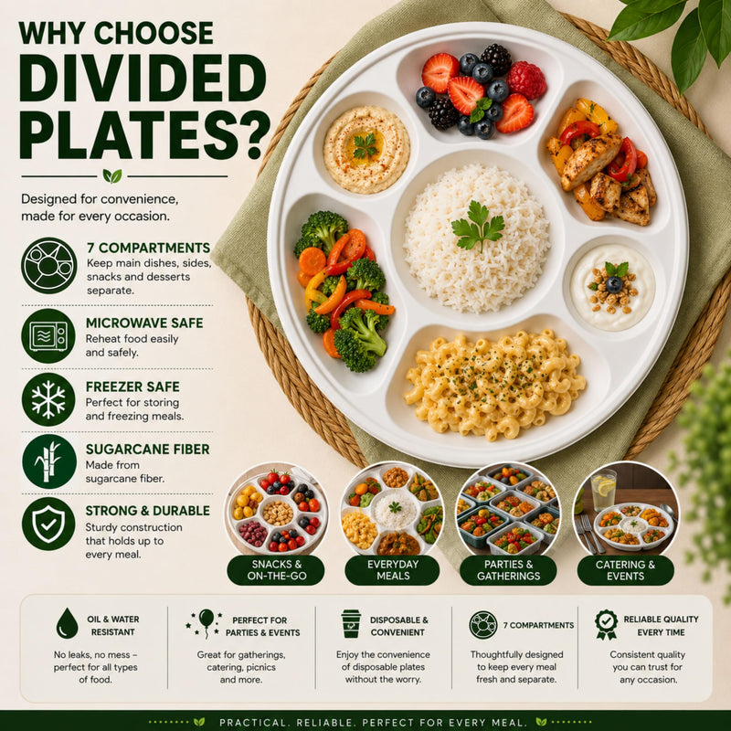 Rani 7 Compartment Round Biodegradable Divided Plates, Pack of 1000 ~ Party, Thali, Buffet | Disposable & Eco-Friendly | Heavy-Duty Sturdy Paper Bagasse | Premium Quality | 11" Diameter, 1.38" Height