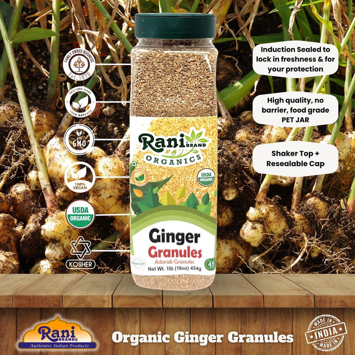Rani Organic Granulated Ginger (Adarak Granules) 16oz (1lb) 454g PET Jar ~ All Natural | Gluten Friendly | Vegan | NON-GMO | Kosher | No Salt or fillers | Indian Origin | USDA Certified Organic