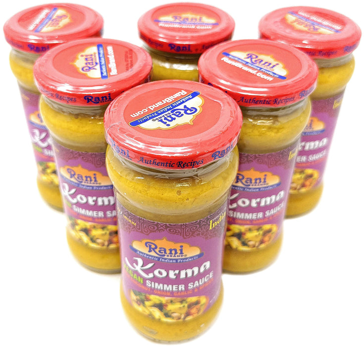 Rani Korma Curry Vegan Simmer Sauce (Rich Coconut, Onion, Garlic & Spices) 14oz (400g) Glass Jar, Pack of 5 +1 FREE ~ Easy to Use | Vegan | No Colors | All Natural | NON-GMO | Gluten Free | Indian Origin