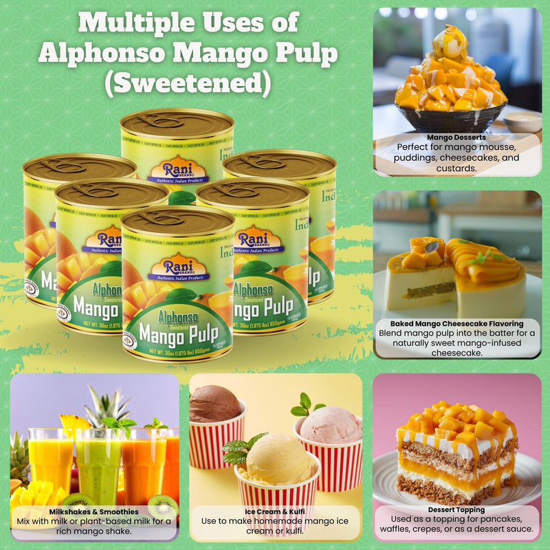 Rani Mango Pulp Puree (Makes Mango Lassi Shakes) Alphonso Sweetened 30oz (1.875lbs) 850g Pack of 6 ~ Kosher | All Natural | NON-GMO | Vegan | No colors | Gluten Friendly | Indian Origin