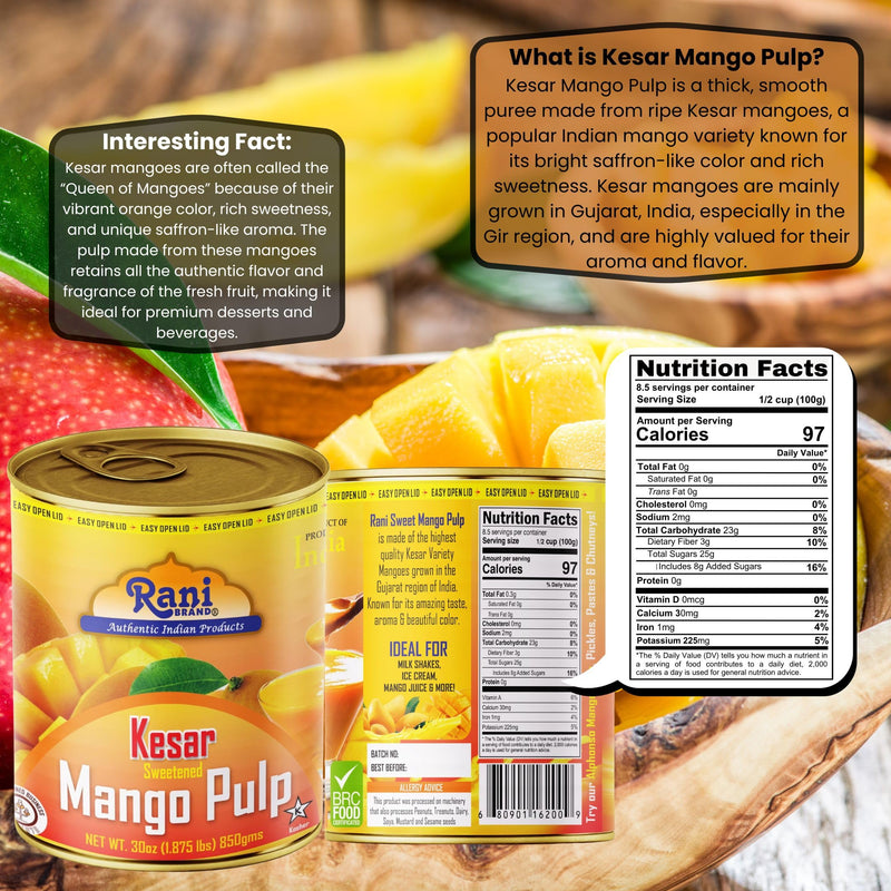 Rani Mango Pulp Puree (Kesar Sweetened) 30oz (1.875lbs) 850g Pack of 2 ~ Kosher | All Natural | NON-GMO | Vegan | No colors | Gluten Friendly