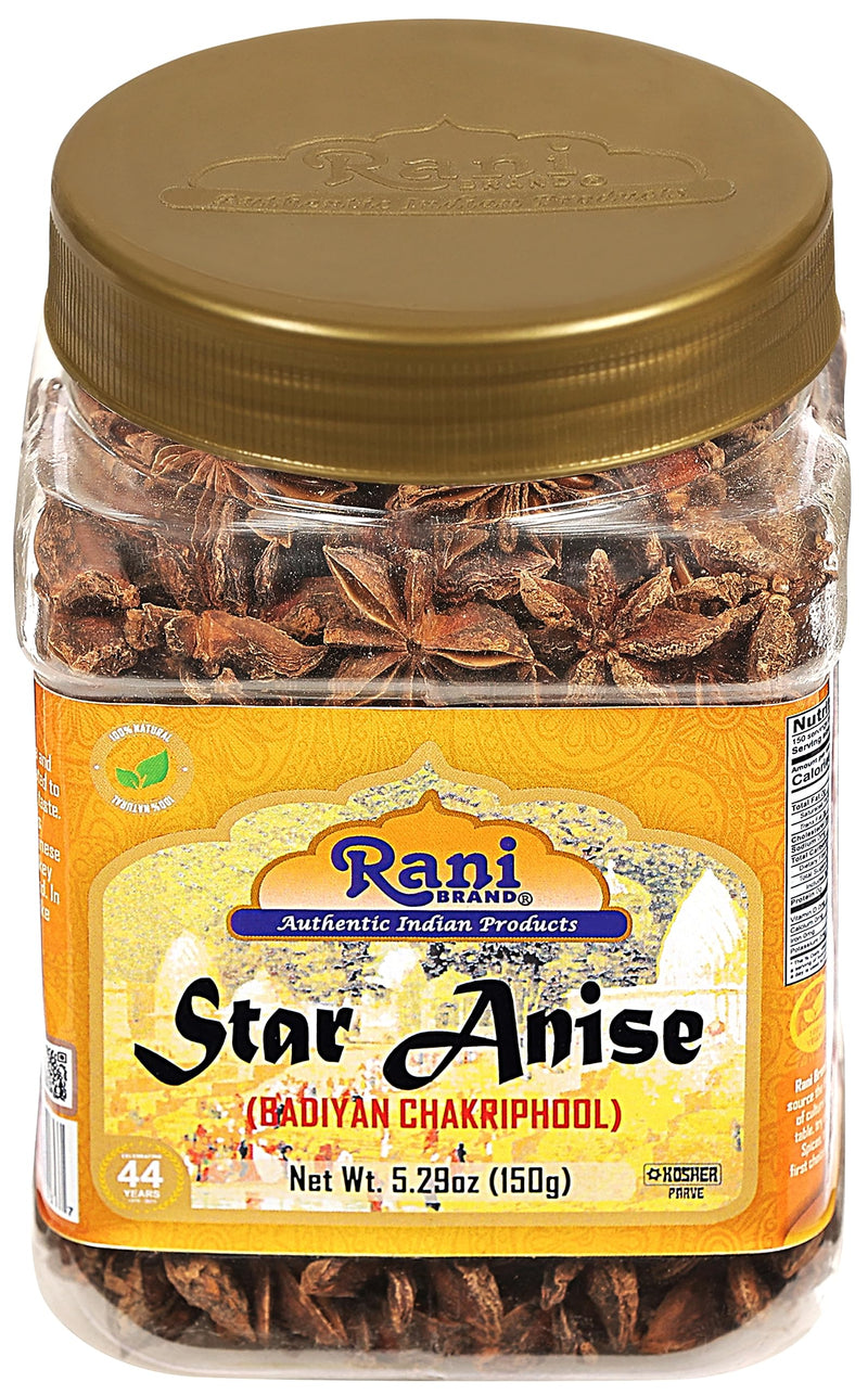 Rani Star Anise Seeds, Whole Pods (Badian Khatai) Spice 5.29oz (150g) PET Jar ~ All Natural | Gluten Friendly | Kosher | Vegan | Whole Chinese Anise Star Sun Dried Spice, Anis Estrella / Illicium Verum, Widely Used for Baking, Drinks, Cooking, and Tea