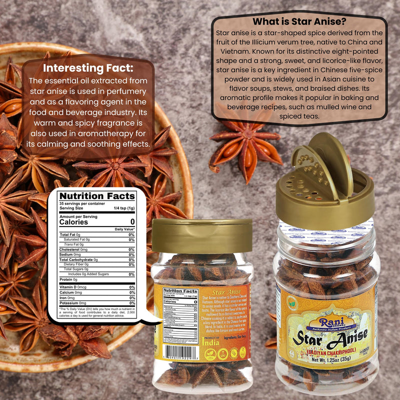 Rani Star Anise Seeds, Whole Pods (Badian Khatai) Spice 1.25oz (35g) PET Jar ~ All Natural | Gluten Friendly | Kosher | Vegan | Whole Chinese Anise Star Sun Dried Spice, Anis Estrella / Illicium Verum, Widely Used for Baking, Drinks, Cooking, and Tea