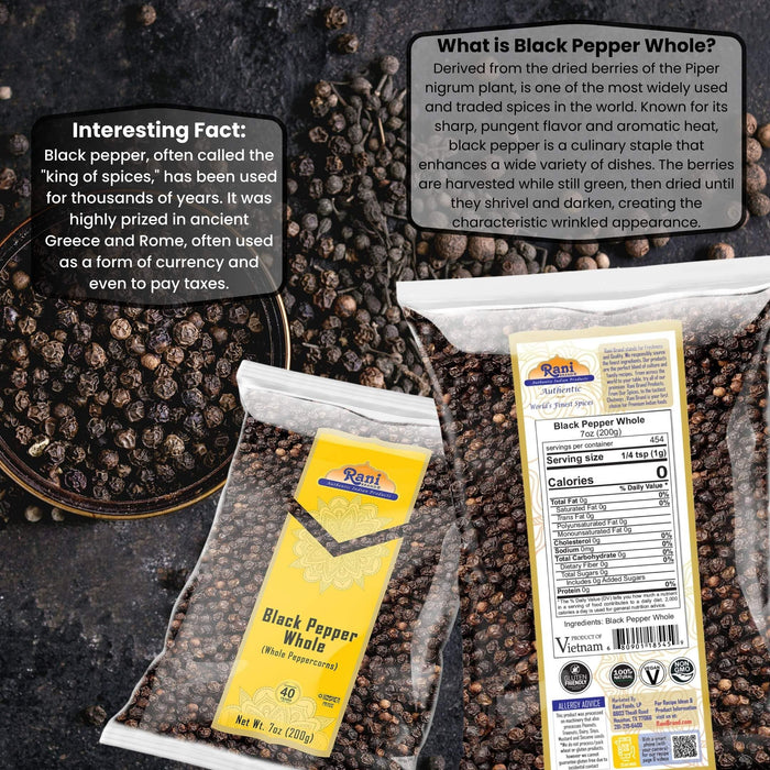 Rani Black Pepper Whole (Peppercorns), Premium MG-1 Grade 7oz (200g) ~ Gluten Friendly | Non-GMO | Kosher | Natural | Perfect size for Grinders!