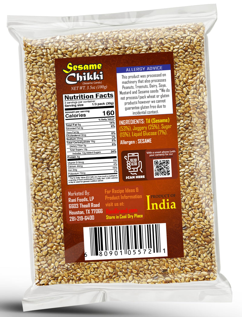 Rani Sesame Chikki (Brittle Candy) 3.5oz (100g) x Pack of 2 ~ All Natural | Vegan | Kosher | No colors | Gluten Friendly | Indian Origin