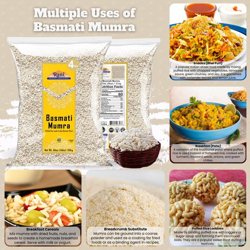 Rani Basmati Mumra (Puffed Rice) 64oz (4lbs) 1.81kg Bulk ~ All Natural | No Color | Gluten Friendly | Vegan | NON-GMO | Kosher | No Salt or fillers | Indian Origin
