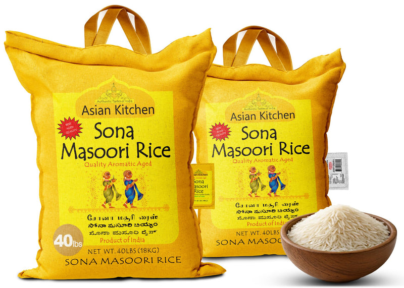 Asian Kitchen White Sona Masoori Aged Rice 40-Pound Bag, 40lbs (18.14kg) Short Grain Rice ~ All Natural | Gluten Friendly | Vegan | Indian Origin | Export Quality