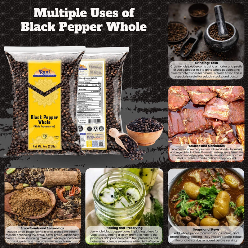 Rani Black Pepper Whole (Peppercorns), Premium Bold Tellicherry Quality 7oz (200g) ~ All Natural | Gluten Friendly | Non-GMO | Kosher | Product of Vietnam | Perfect size for Grinders!