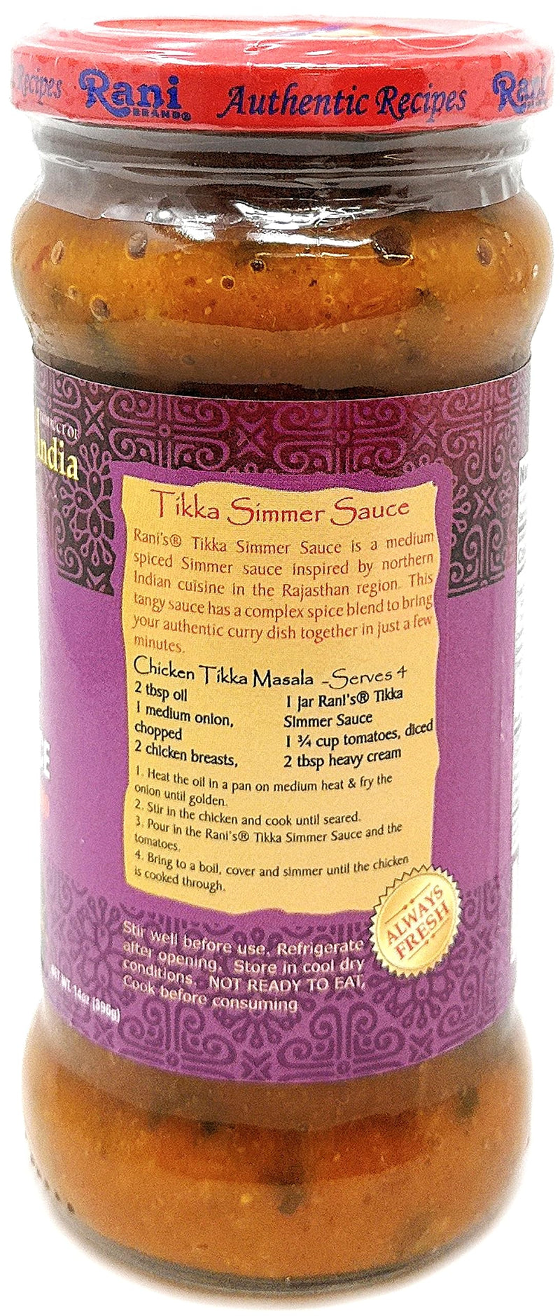 Rani Tikka Curry Vegan Simmer Sauce (Creamy Tomato, Onion & Cilantro) 14oz (400g) Glass Jar ~ Easy to Use | Vegan | No Colors | All Natural | NON-GMO | Gluten Free | Indian Origin