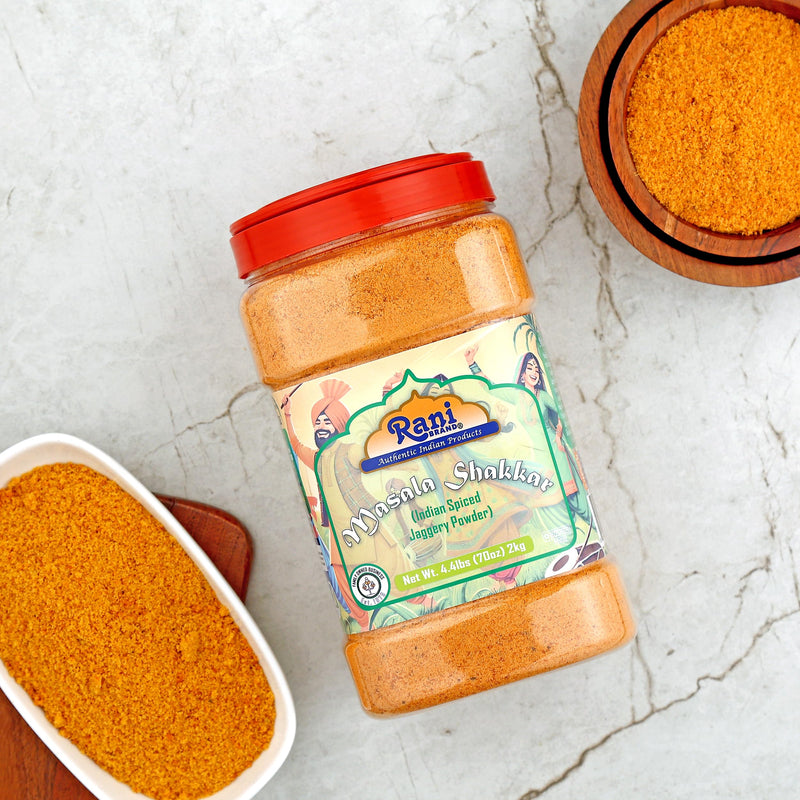 Rani Masala Shakkar (Indian Spiced Jaggery Powder) Unrefined Raw Cane Sugar 70oz (4.4lbs) 2kg PET Jar ~ Gluten Friendly | Vegan | NON-GMO | Kosher | No Salt or fillers | Indian Product