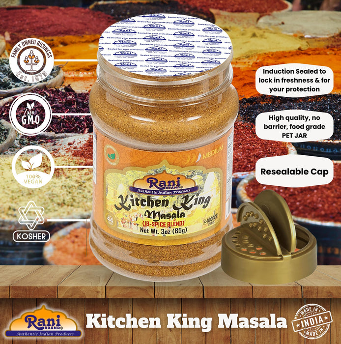 Rani Kitchen King Masala (20-Spice Curry blend) 3oz (85g) PET Jar ~ All Natural | Vegan | No Colors | Gluten Friendly | NON-GMO | Kosher | Indian Origin