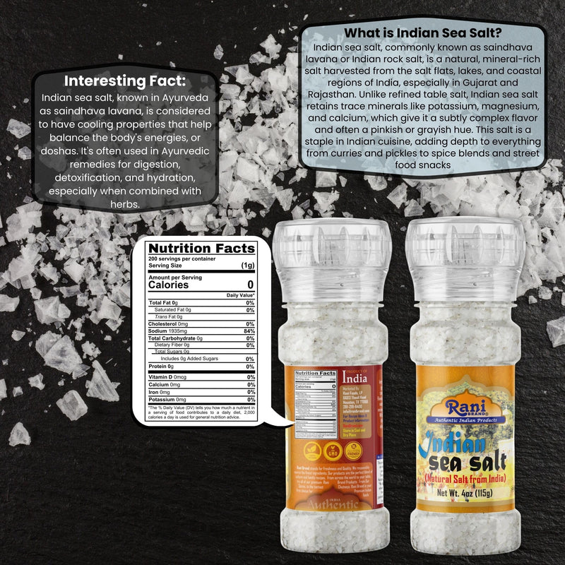 Rani Indian Sea Salt 4oz (115g) Grinder Bottle ~ Unrefined, Pure and Natural | Vegan | Gluten Friendly | NON-GMO | Kosher | Indian Origin