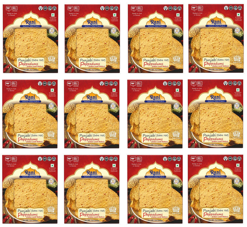 Rani Pappadums (Indian Lentil Wafer Snack) Punjabi Papad - Extra Hot, 7oz (200g) Approximately 15pc, 7 inches, Pack of 12 ~ All Natural | Gluten Friendly | NON-GMO | Vegan