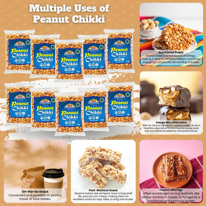 Rani Peanut Chikki (Brittle Candy) 100g (3.5oz) x Pack of 10 ~ All Natural | Vegan | Kosher | No colors | Gluten Friendly | Indian Origin