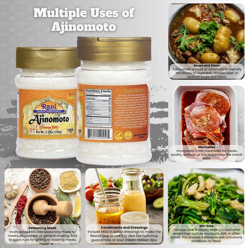 Rani Ajinomoto (Chinese Salt) 5.29 (150g) PET Jar ~ Umami Seasoning, Perfect for stir-frying, roasting, soups, salads & dressings | Gluten Friendly | Vegan | NON-GMO | Kosher | Indian Origin