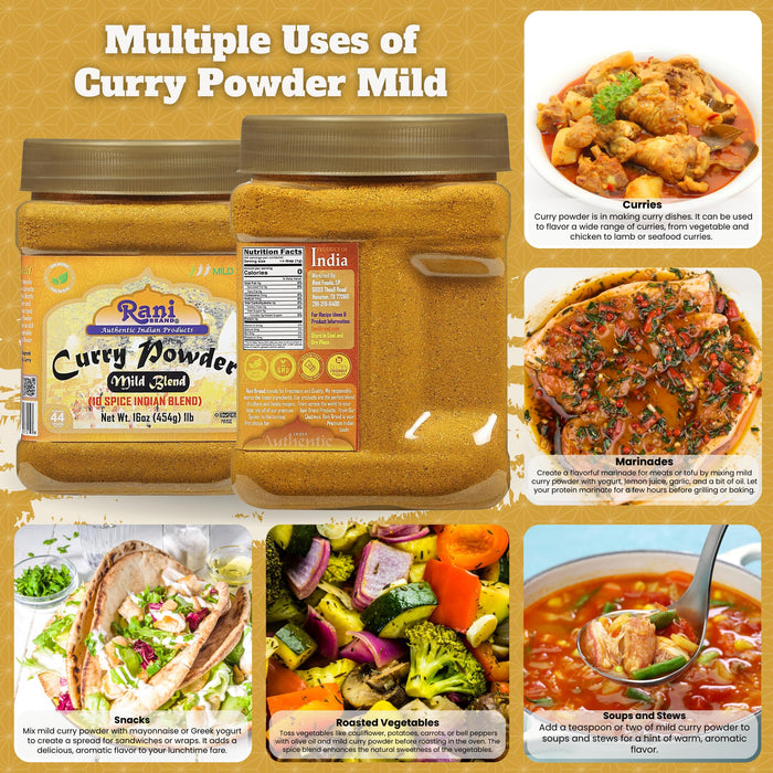 Rani Curry Powder Mild (10-Spice Authentic Indian Blend) 16oz (1lb) 454g PET Jar ~ All Natural | Salt-Free | NO Chili or Peppers | Vegan | Kosher | No Colors