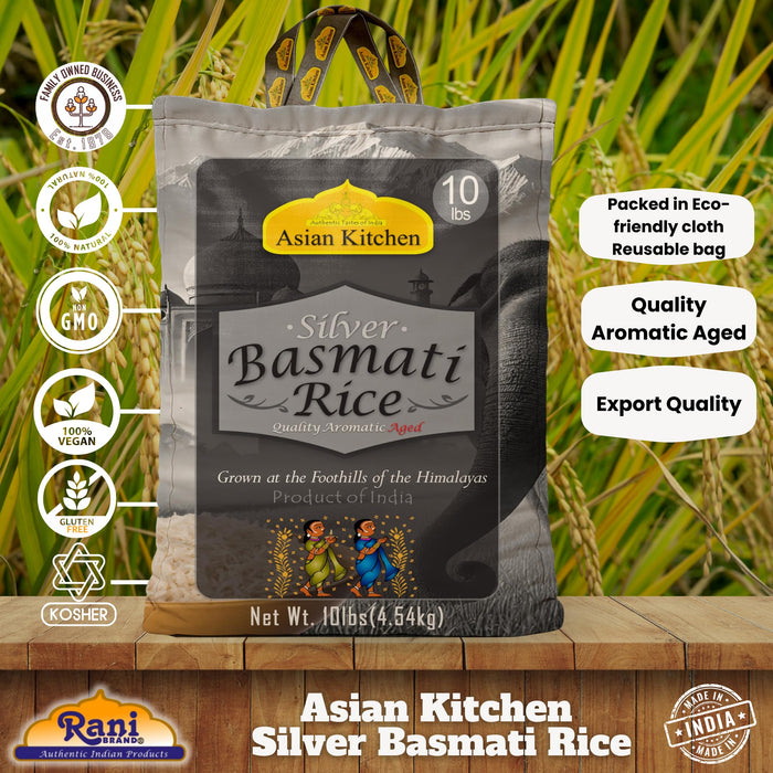Asian Kitchen Silver White Basmati Rice Aged, 10 Pound (10lbs, 4.54kg) ~ All Natural | Gluten Friendly | Vegan | Indian Origin | Export Quality