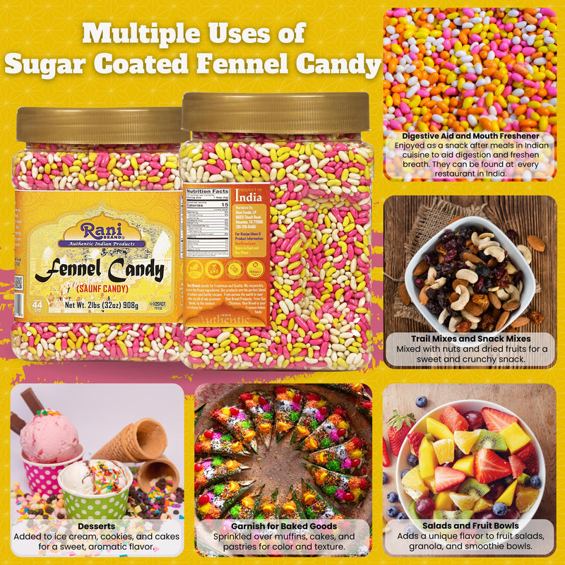 Rani Sugar Coated Fennel Candy 2lbs (32oz) 908g Bulk, PET Jar ~ Indian After Meal Digestive Treat | Vegan | Gluten Friendly | NON-GMO | Kosher | Indian Origin