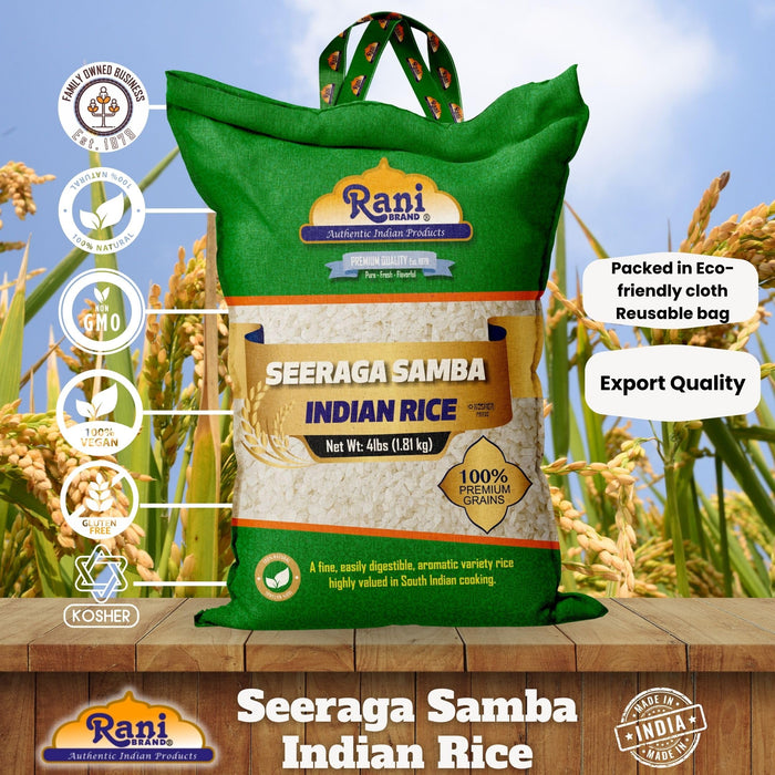 Rani Seeraga Samba Indian Rice 64oz (4lbs) 1.81kg Cloth Bag ~ All Natural | Gluten Friendly | Vegan | Kosher | Export Quality | Indian Origin