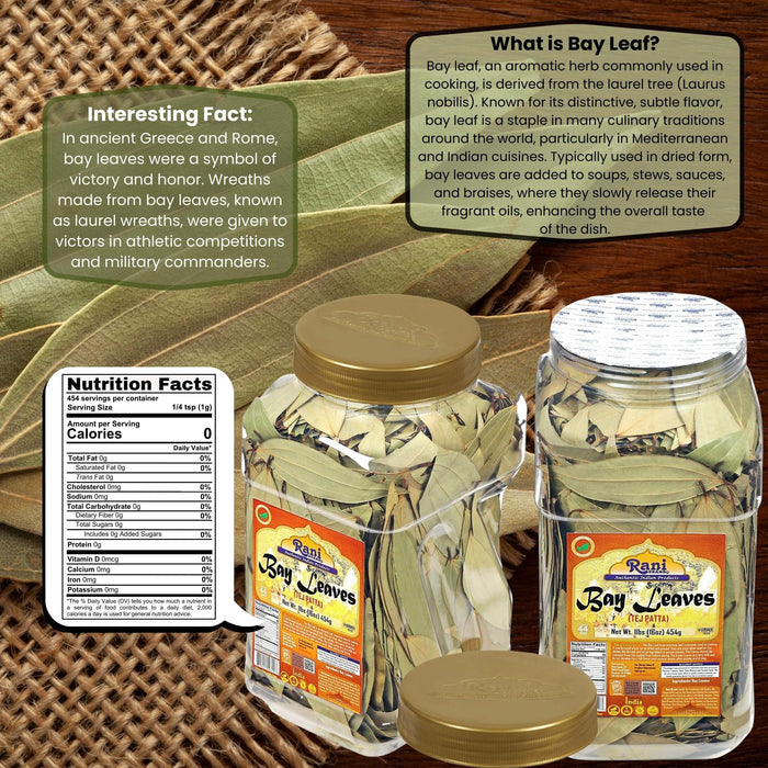 Rani Bay Leaf (Leaves) Whole Spice Hand Selected Extra Large 16oz (1lb) 454g PET Jar ~ All Natural | Gluten Friendly | NON-GMO | Vegan | Kosher | Indian Origin