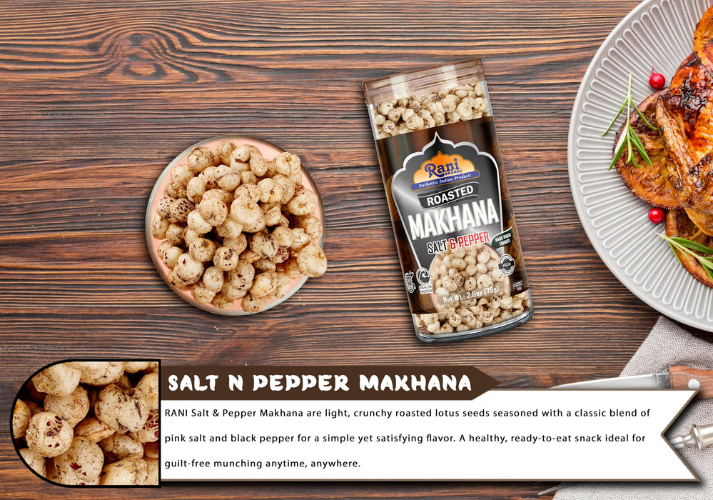 Rani Roasted Makhana (Fox Nut/Popped Lotus Seed) Salt & Pepper Flavor 2.6oz (75g) Ready to eat, Hand Picked Foxnuts ~ All Natural | Vegan | Gluten Friendly | NON-GMO | Kosher | Indian Origin
