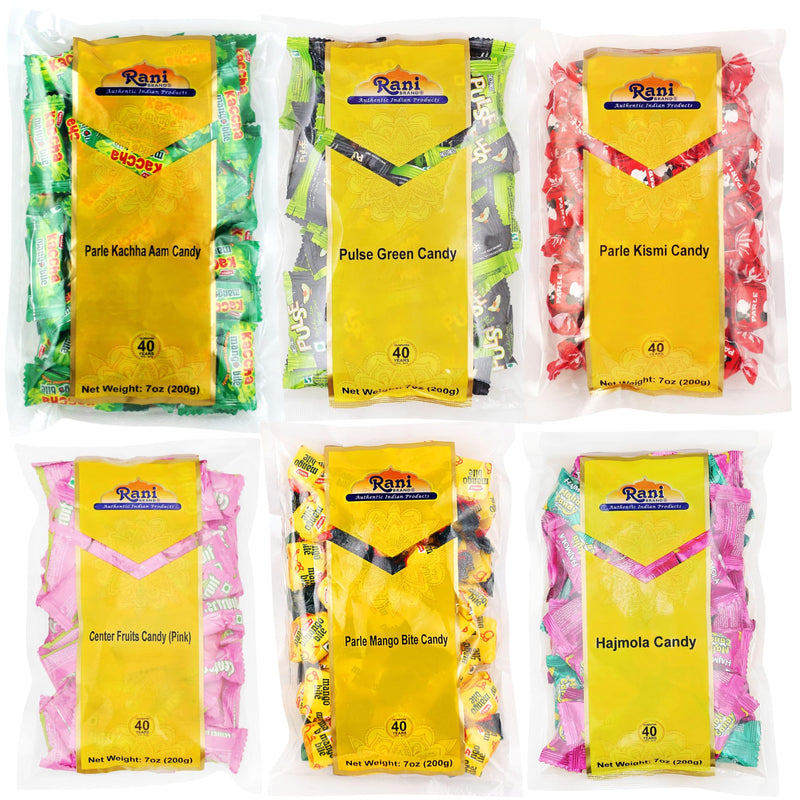 Rani Assorted Candies 7oz (200g) Pack of 6, Mango Bite, Kachha Aam, Kismi, Pulse Green, Hajmola, Center Fruits Candy ~ Indian Tasty Treats | Vegan | Gluten Friendly | NON-GMO | Indian Origin
