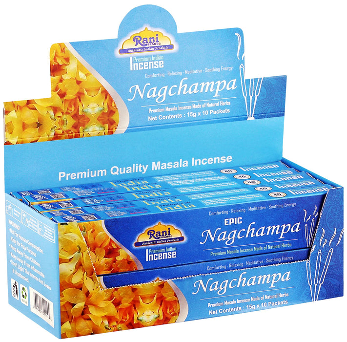 Rani Epic Nagchampa Incense (Premium Masala Incense Made of Natural Herbs) 15g x 10 Packets ~ Total of 100 Incense sticks | For Puja Purposes | Indian Origin