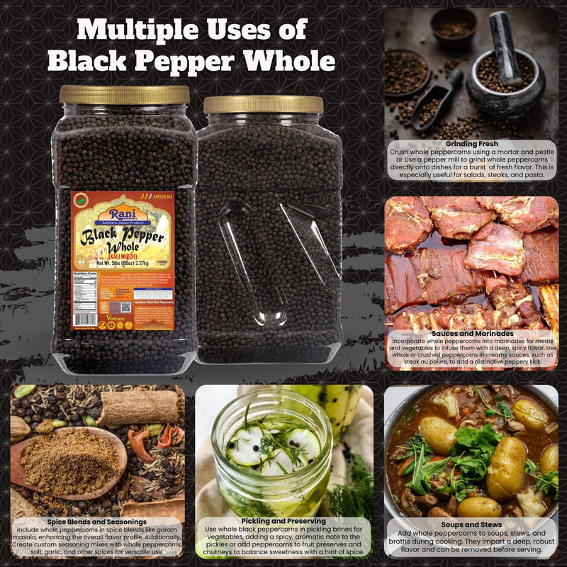 Rani Black Pepper Whole (Peppercorns), Premium Bold Tellicherry Quality 80oz (5lbs) 2.27kg Bulk PET Jar ~ All Natural | Gluten Friendly | Non-GMO | Kosher | Product of Vietnam