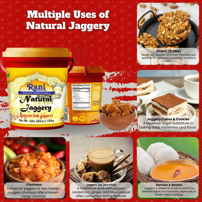 Rani Natural Jaggery (Gujarati Soft Jaggery) 64oz (4lbs) 1.81kg Bulk Bucket ~ Gluten Friendly | Vegan | NON-GMO | Kosher | No Salt or fillers | Indian Product