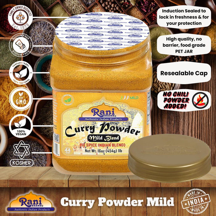 Rani Curry Powder Mild (10-Spice Authentic Indian Blend) 16oz (1lb) 454g PET Jar ~ All Natural | Salt-Free | NO Chili or Peppers | Vegan | Kosher | No Colors