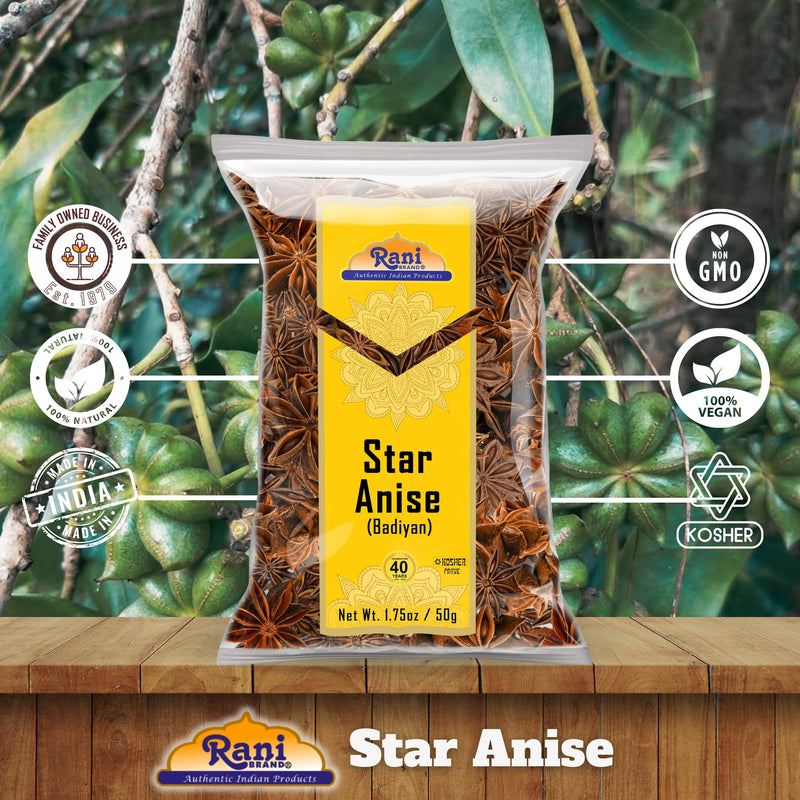 Rani Star Anise Seeds, Whole Pods (Badian Khatai) Spice 1.75oz (50g) ~ All Natural | Gluten Friendly | Kosher | Vegan | Whole Chinese Anise Star Sun Dried Spice, Anis Estrella / Illicium Verum, Widely Used for Baking, Drinks, Cooking, and Tea