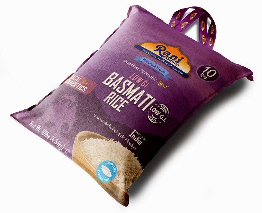 Rani White Basmati Rice Low GI (Glycemic Index) Extra Long Aged, Ideal for Diabetics, 10lbs (160oz) 4.53kg Cloth Bag ~ All Natural | Gluten Free | Vegan | Indian Origin | Export Quality
