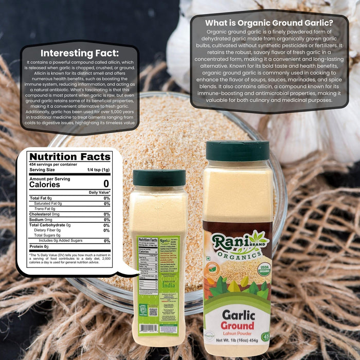Rani Organic Ground Garlic (Lahsun Powder) 16oz (1lb) 454g PET Jar ~ All Natural | Gluten Friendly | Vegan | NON-GMO | Kosher | No Salt or fillers | Indian Origin | USDA Certified Organic