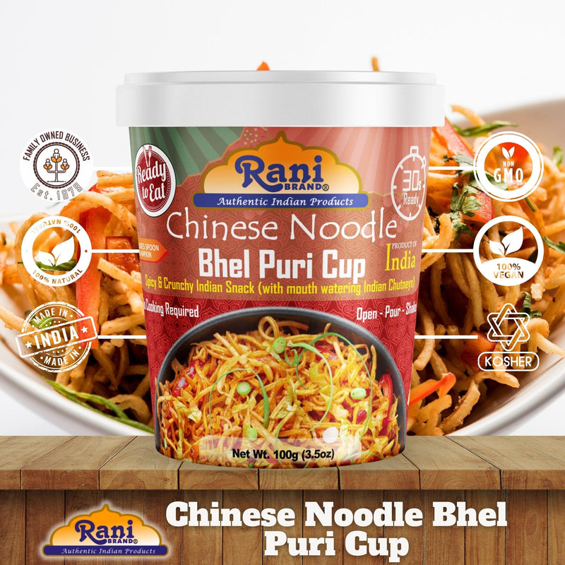 Rani Chinese Noodle Bhel Puri Cup (Spicy & Crunchy Indian Snack w/mouth watering Indian Chutneys) 3.5oz (100g), Pack of 6+1 FREE ~ Ready to Eat | Vegan | NON-GMO | Indian Origin