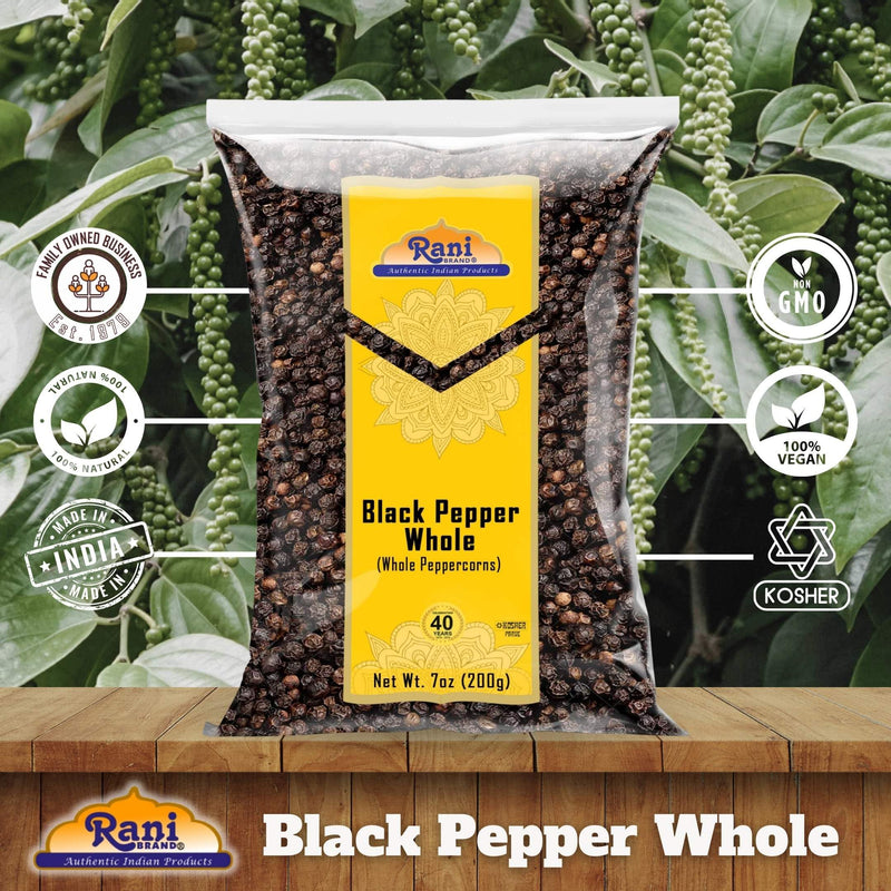 Rani Black Pepper Whole (Peppercorns), Premium Bold Tellicherry Quality 7oz (200g) ~ All Natural | Gluten Friendly | Non-GMO | Kosher | Product of Vietnam | Perfect size for Grinders!