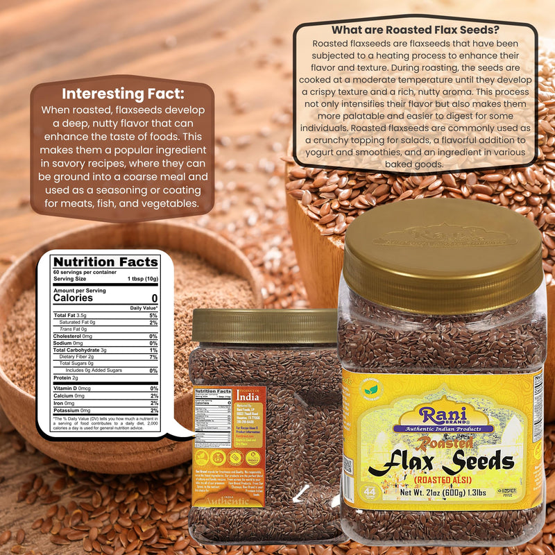 Rani Roasted Flax Seeds (Alsi, Linum usitatissimum) 21oz (1.3lbs) 600g PET Jar ~ All Natural | Gluten Friendly | Non-GMO | Kosher | Vegan | Indian Origin