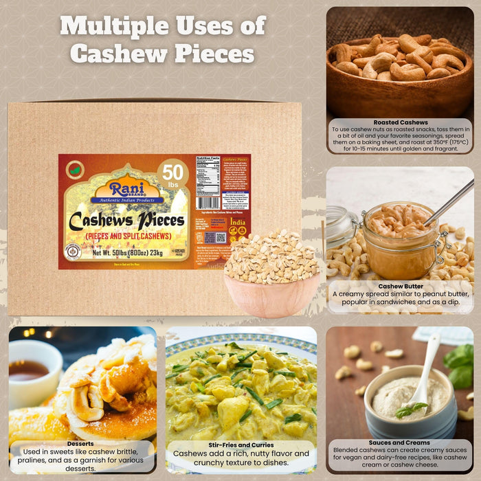 Rani Raw Cashews Halves and Pieces (uncooked, unsalted) 800oz (50lbs) 23kg Vacuum Packed, Bulk Box ~ All Natural, No Preservatives | Vegan | NON-GMO | Kosher | Gluten Friendly