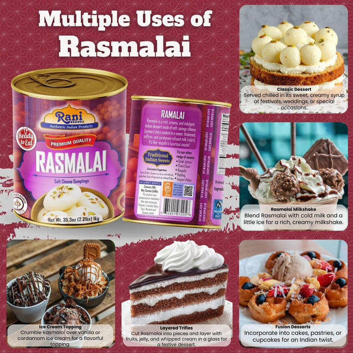 Rani Rasmalai (Soft Cheese Dumplings) 35.3oz (2.2lbs) 1kg, Approximately 14 pieces, Easy Open Lid ~ Ready to eat | Gluten Friendly | Vegan | Non-GMO | Kosher | Indian Origin