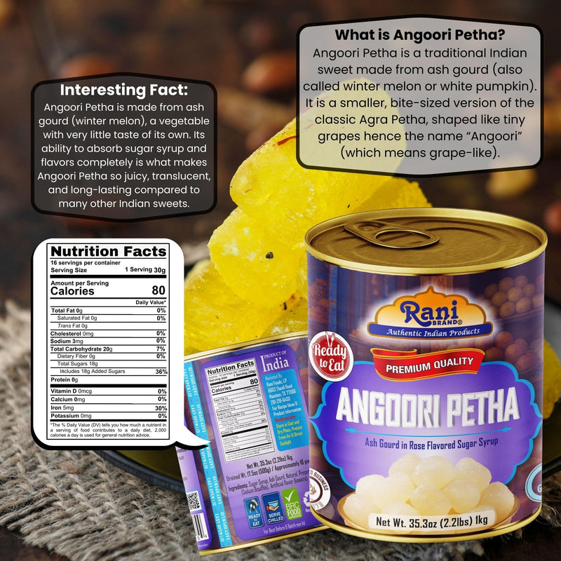 Rani Angoori Petha (Ash Gourd In Rose Flavored Sugar Syrup) 35.3oz (2.2lbs) 1kg, Pack of 2, Approximately 14 pieces, Easy Open Lid ~ Ready to eat | Gluten Free | Non-GMO | Kosher | Indian Origin