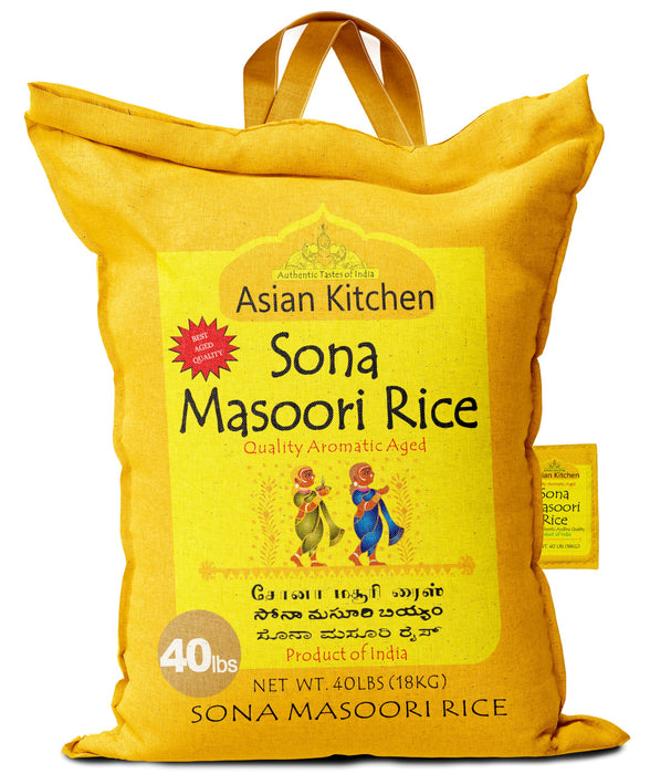 Asian Kitchen White Sona Masoori Aged Rice 40-Pound Bag, 40lbs (18.14kg) Short Grain Rice ~ All Natural | Gluten Friendly | Vegan | Indian Origin | Export Quality