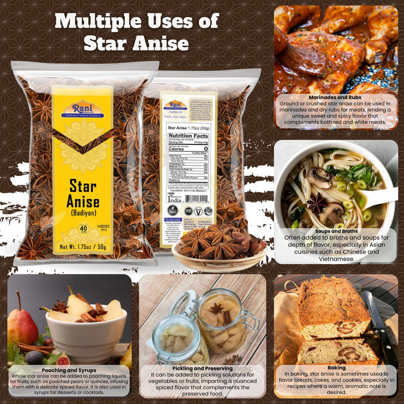 Rani Star Anise Seeds, Whole Pods (Badian Khatai) Spice 1.75oz (50g) ~ All Natural | Gluten Friendly | Kosher | Vegan | Whole Chinese Anise Star Sun Dried Spice, Anis Estrella / Illicium Verum, Widely Used for Baking, Drinks, Cooking, and Tea